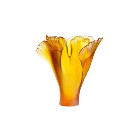 Daum | Crystal Large Amber Ginkgo Vase
