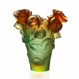 Daum | Crystal Green & orange vase Rose Passion