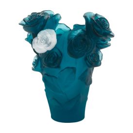 Daum | Crystal  Small Rose Passion Vase in Blue with White Rose
